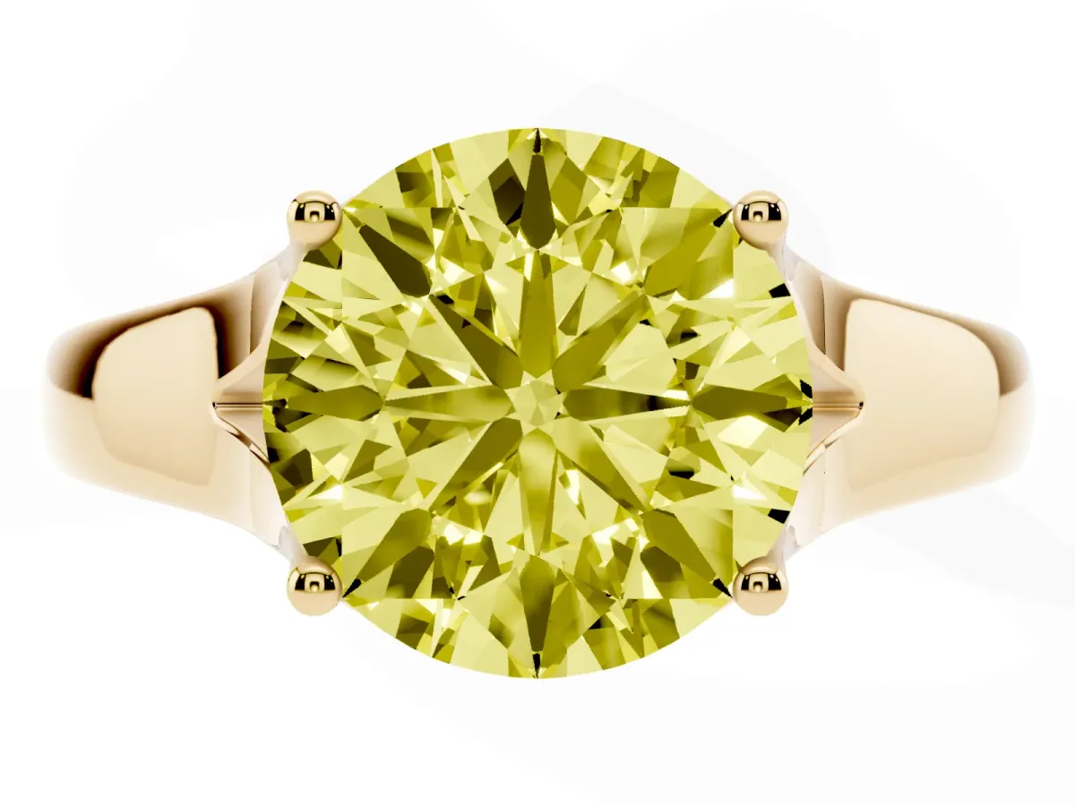 Fancy Yellow Round Cut Solitaire Diamond Ring with Cathedral Band and Four-Prong Setting Yellow gold