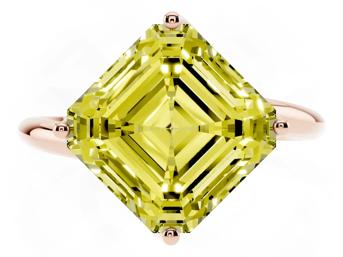 Fancy Yellow Asscher Cut Diamond Solitaire Engagement Ring with Four-Prong Setting and Classic Band Rose gold
