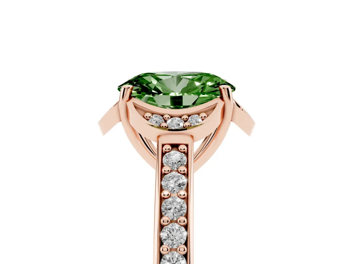 Fancy Green Oval Cut Cut Halo Diamond Ring with Channel Set Band and Four-Prong Setting Rose gold