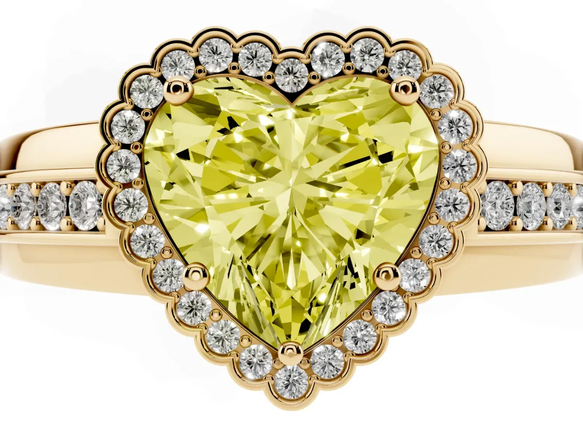Fancy Yellow Heart Cut Cut Halo Pave Band Four-Prong Ring Yellow gold