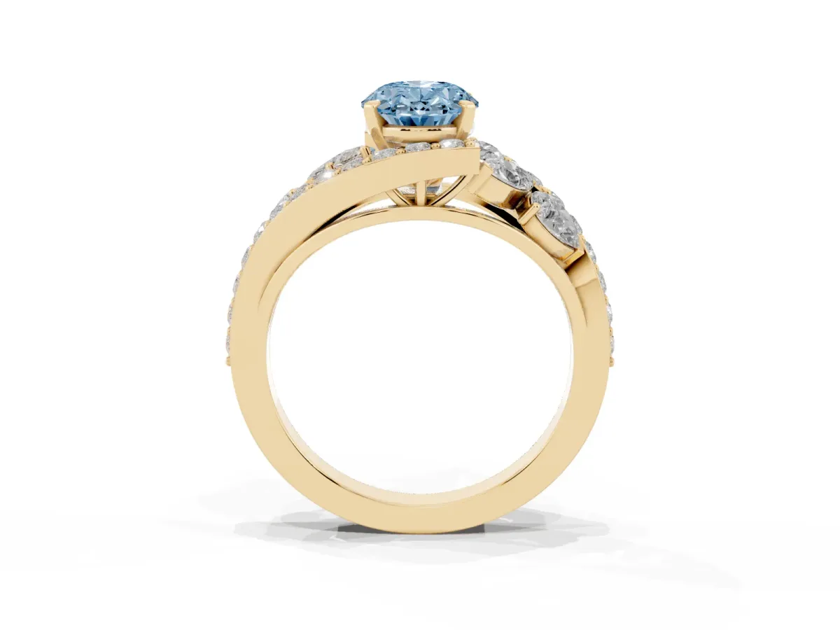 Fancy Blue Oval Cut Diamond Halo Ring with Marquise and Pavé Band in Prong Setting Yellow gold