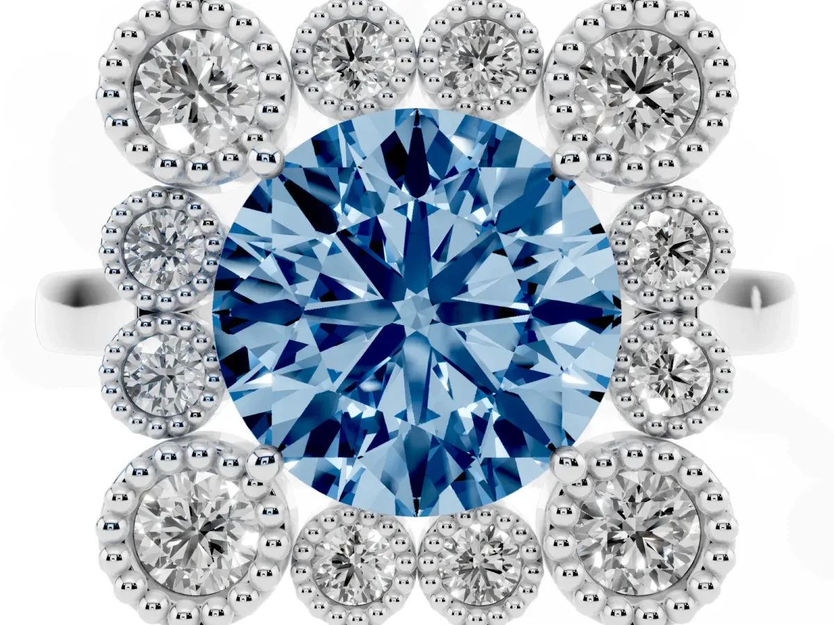 Fancy Blue Round Cut Halo Diamond Cluster Engagement Ring with Milgrain Bezel Setting and Solitaire Band Platinum