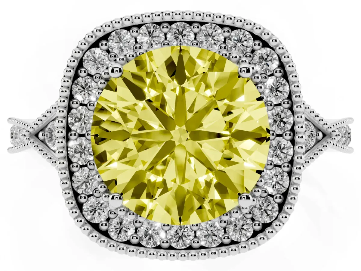 Fancy Yellow Round Cut Halo Round Diamond Milgrain Pave Engagement Ring Silver