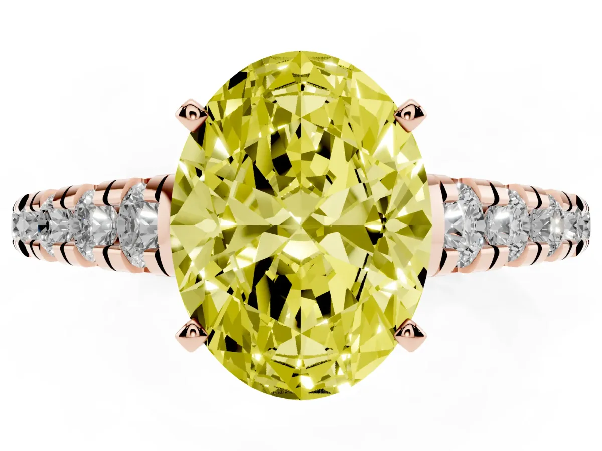 Fancy Yellow Oval Cut Diamond Cathedral Solitaire Ring with Round Pavé Band Rose gold