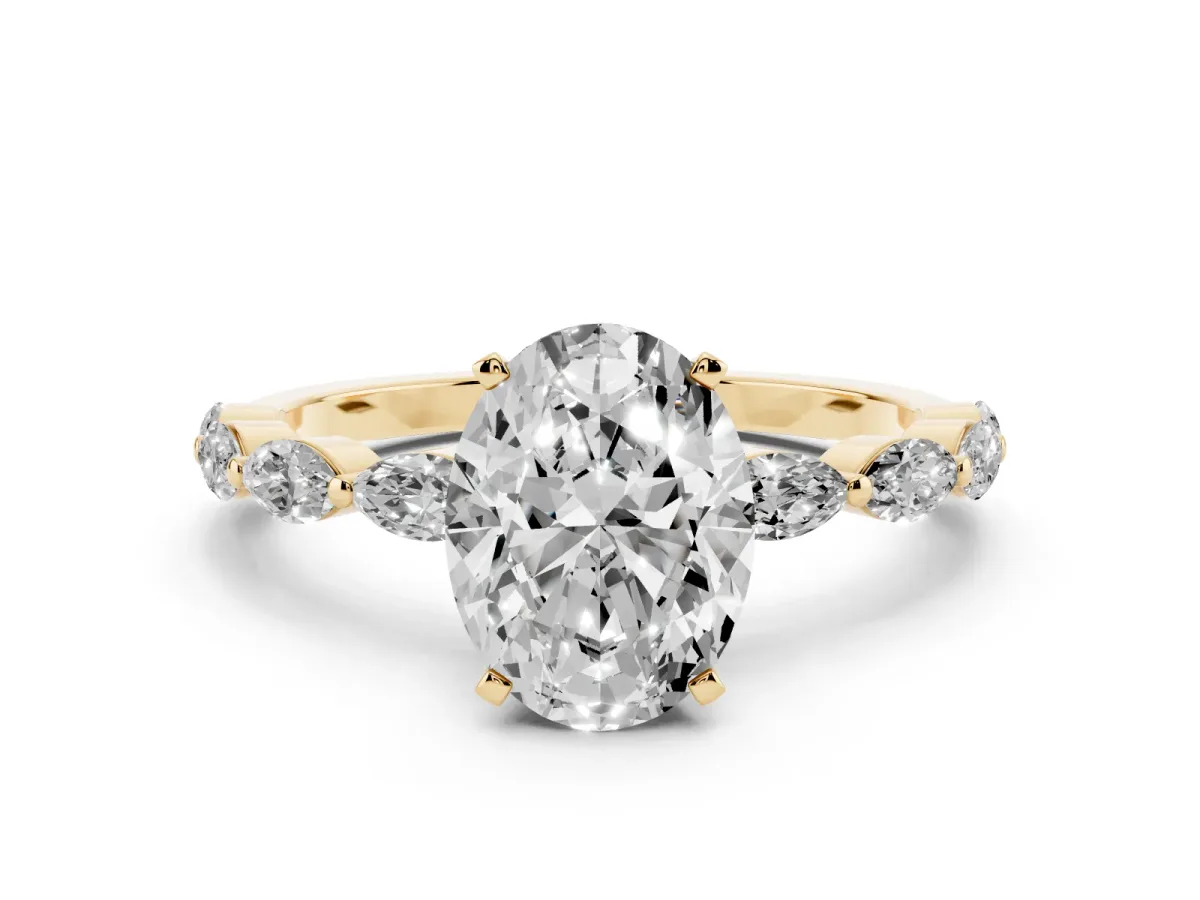 Oval Cut Diamond Ring with Marquise Side Stones and Prong Setting Yellow gold
