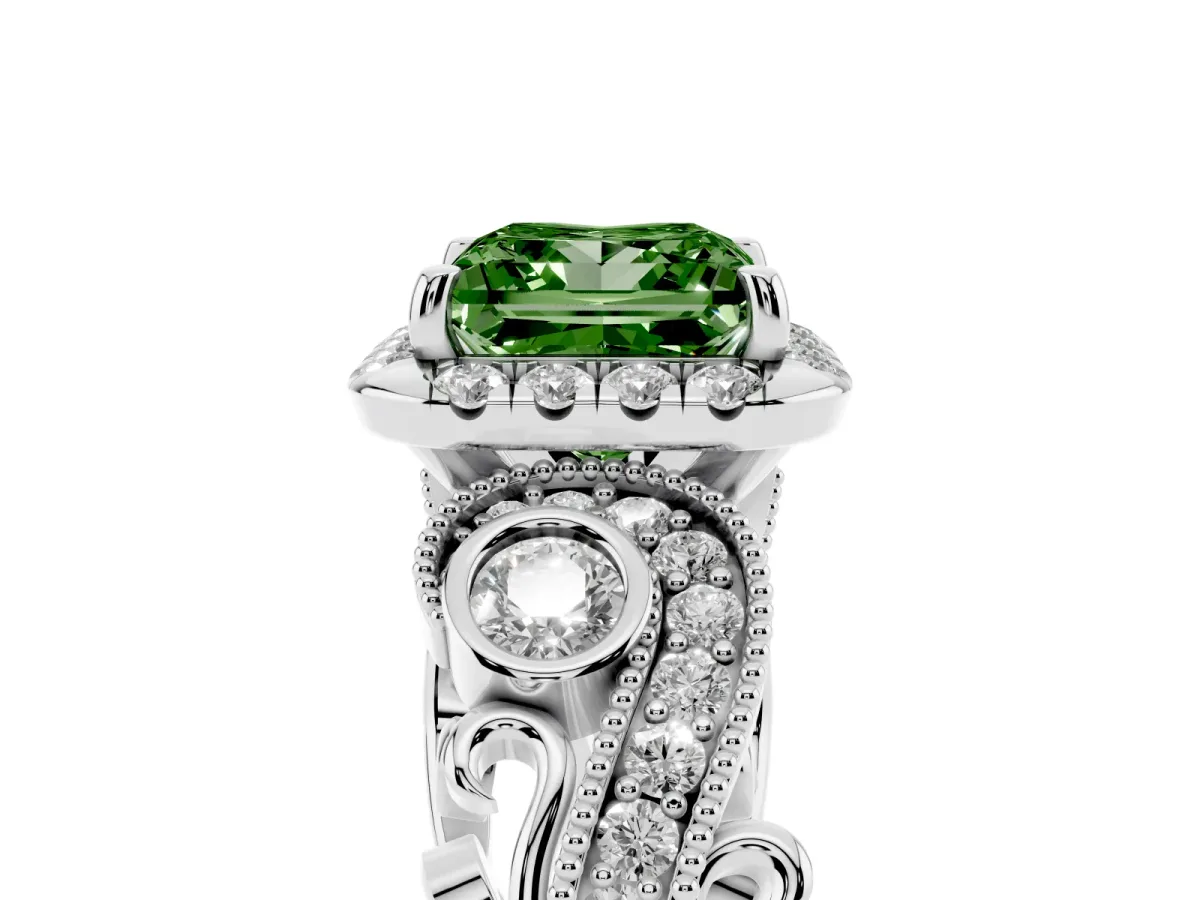 Fancy Green Princess Cut Diamond Halo Ring with Milgrain Pavé Band and Four-Prong Setting Silver
