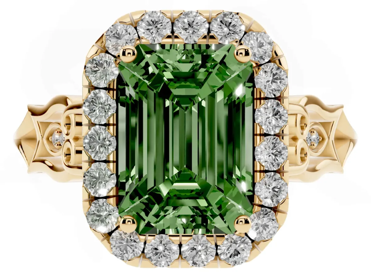 Fancy Green Emerald Cut Halo Diamond Engagement Ring with Filigree Band and Four-Prong Setting Yellow gold