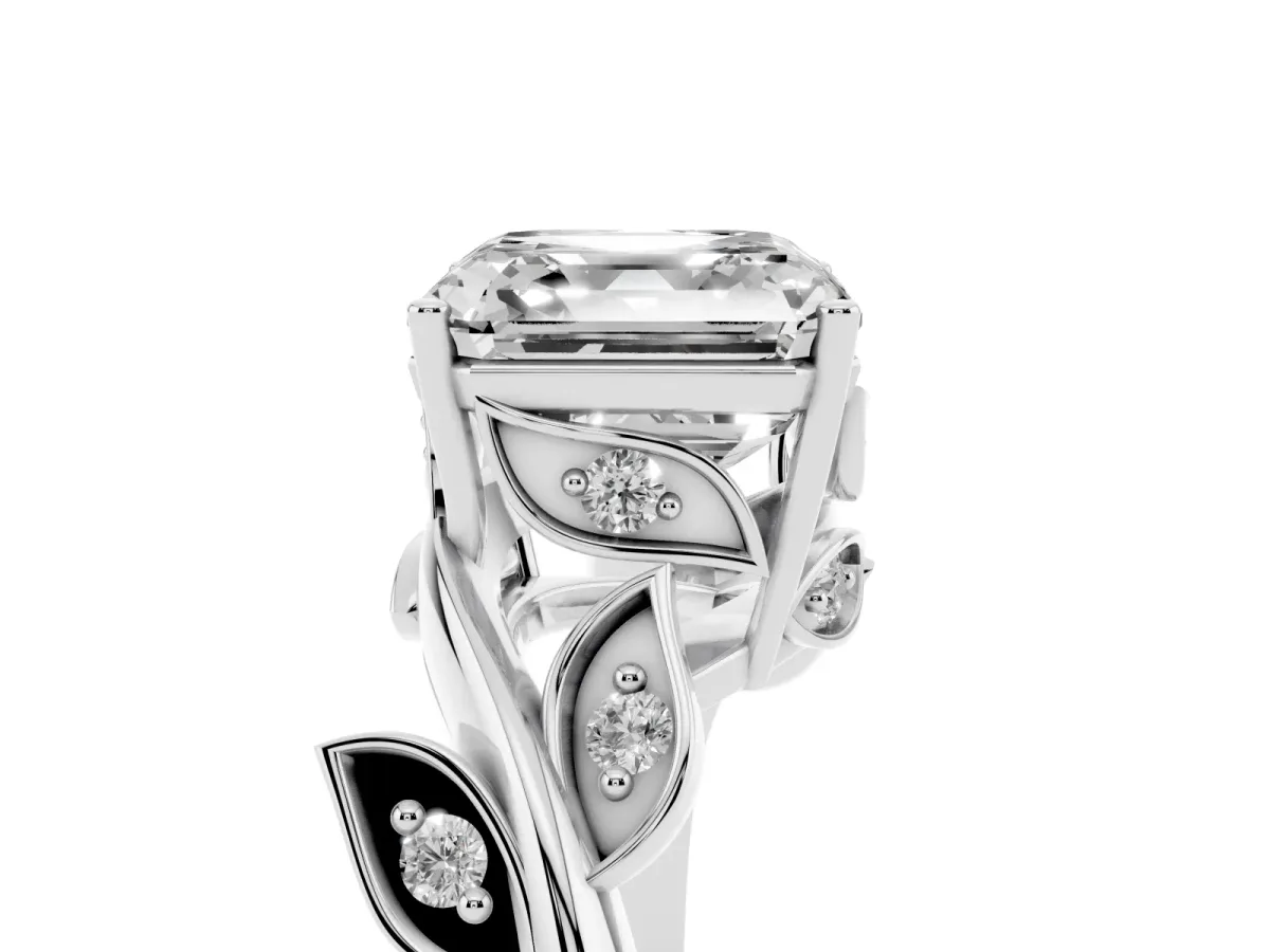 Asscher Cut Solitaire Twist Engagement Ring with Leaf Accents and Prong Setting Silver