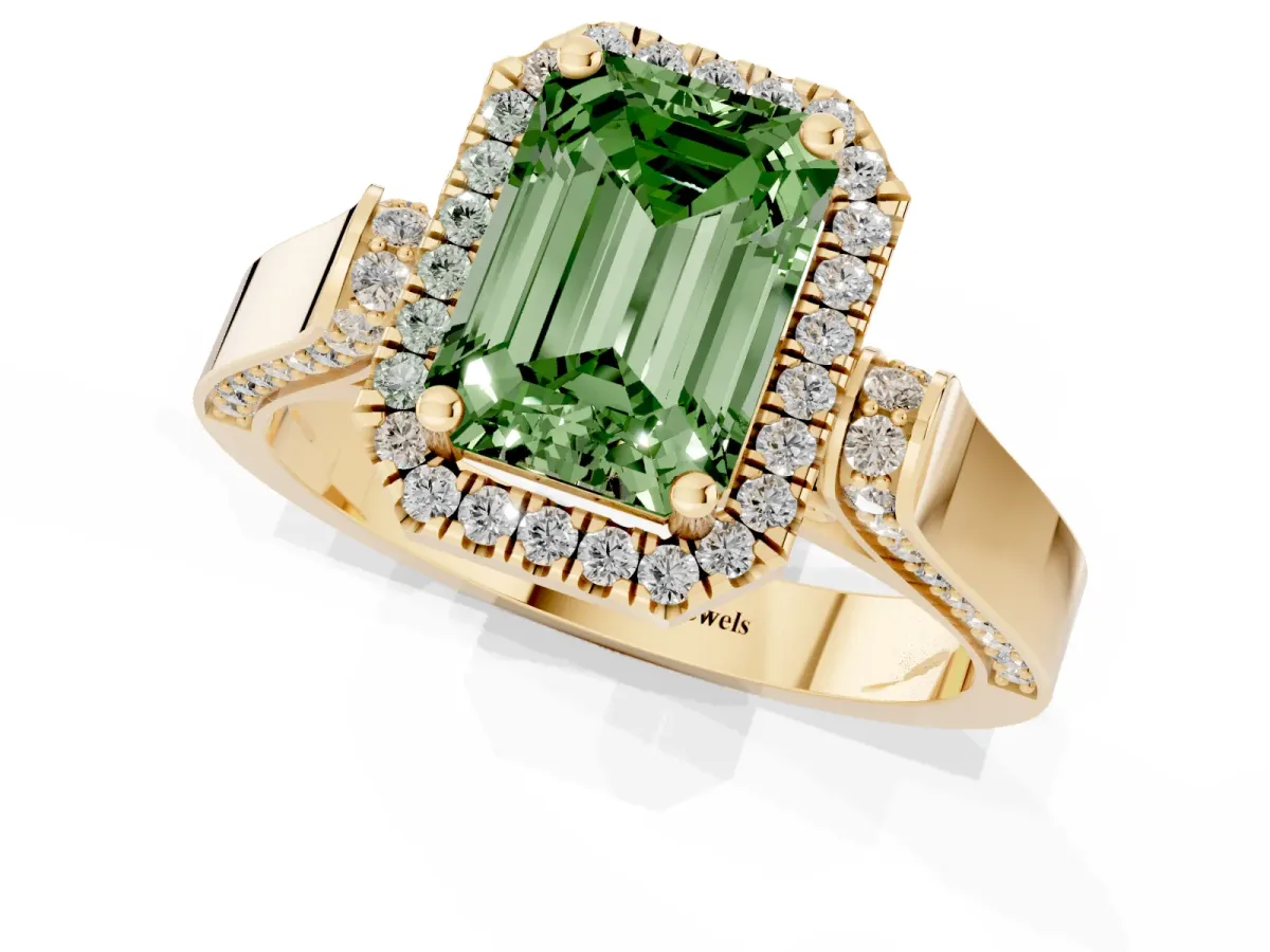 Fancy Green Emerald Cut Halo Round Diamond Twist Band with Four-Prong Setting Yellow gold