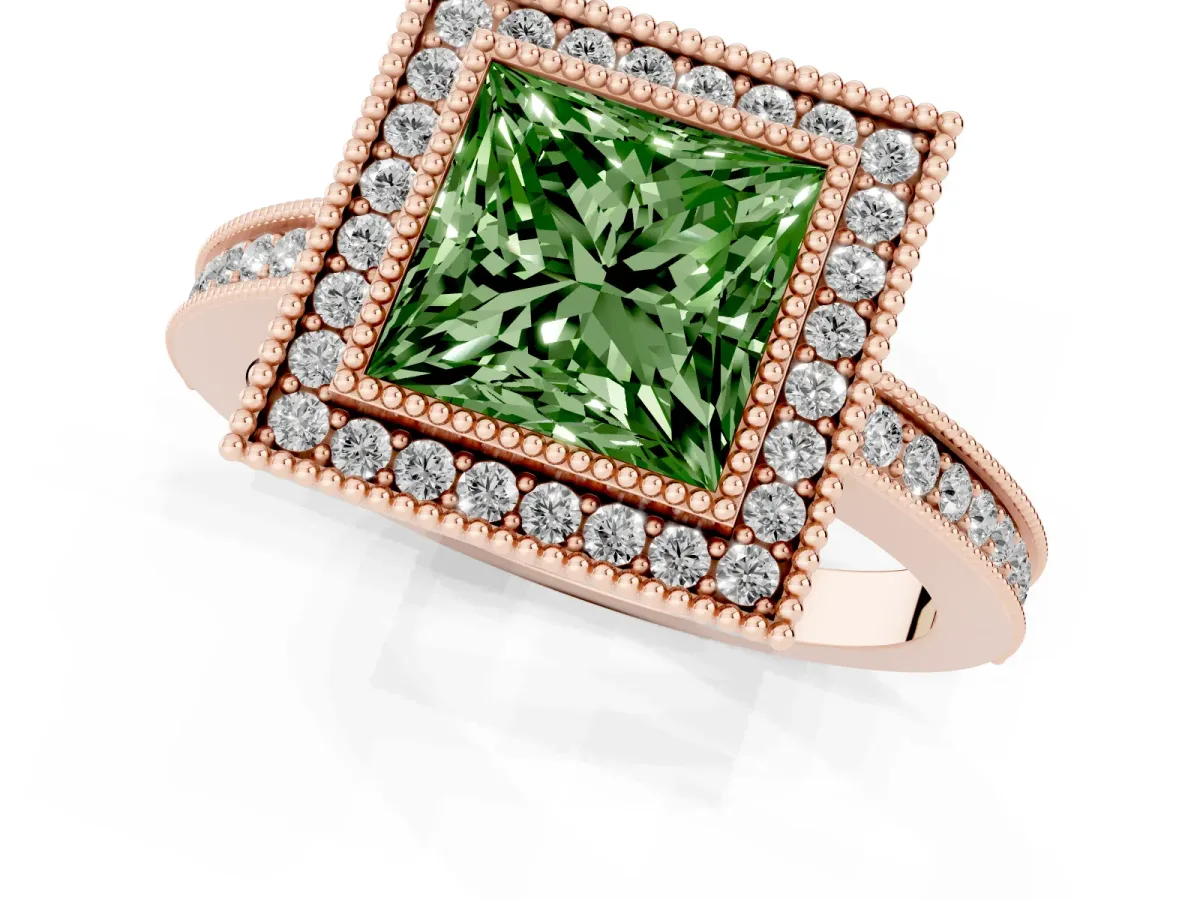 Fancy Green Princess Cut Cut Halo Diamond Ring with Pavé Band and Milgrain Prong Setting Rose gold