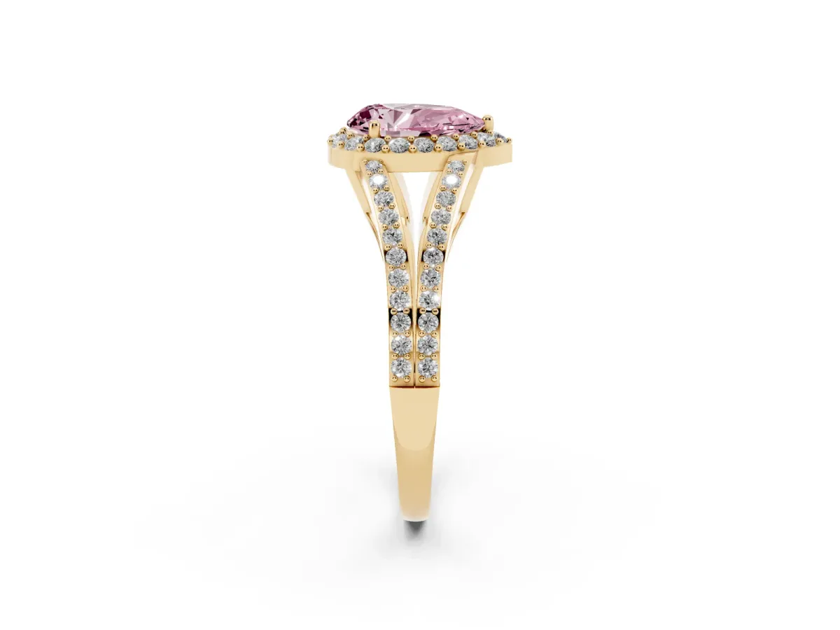 Fancy Pink Pear Cut Halo Split Shank Pave Diamond Ring with Four-Prong Setting Yellow gold