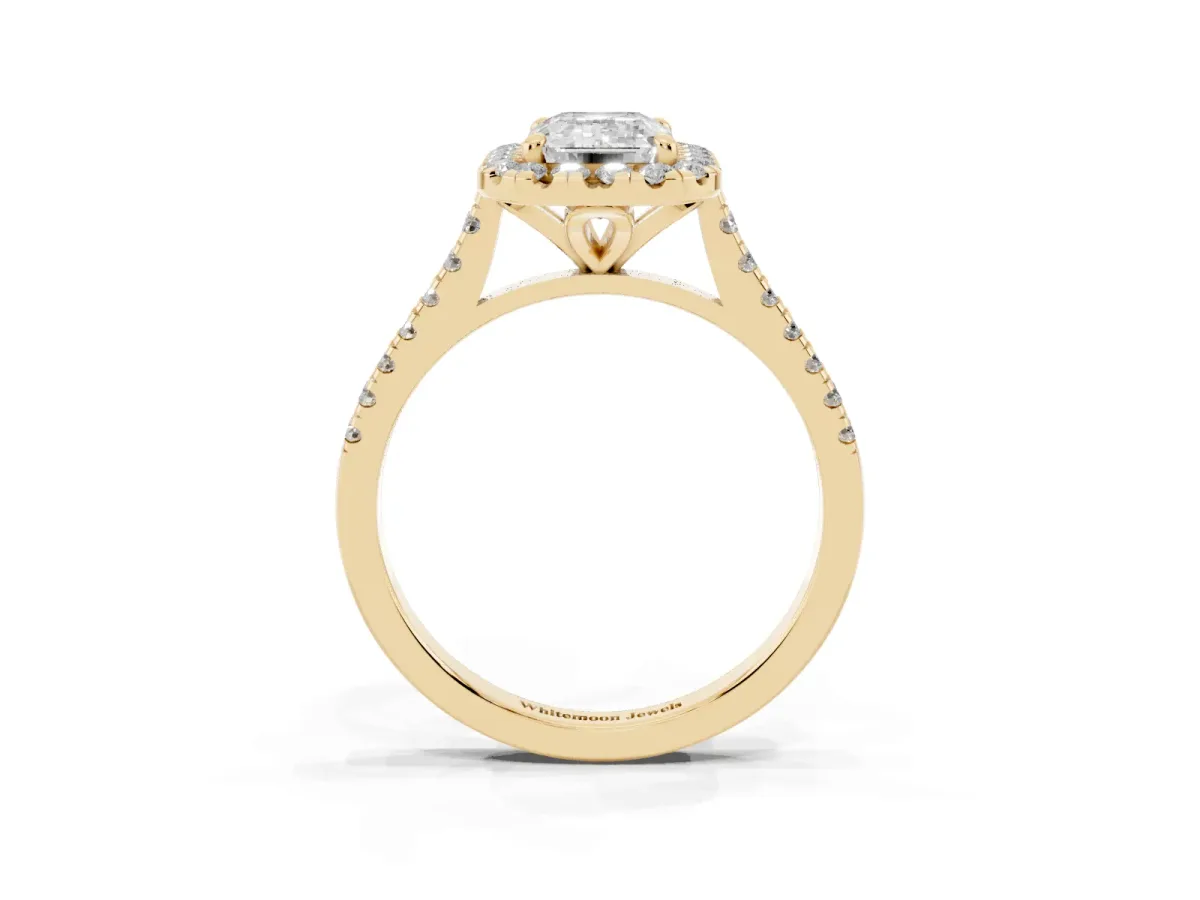 Emerald Cut Diamond Cushion Halo Ring with Pavé Band Yellow gold