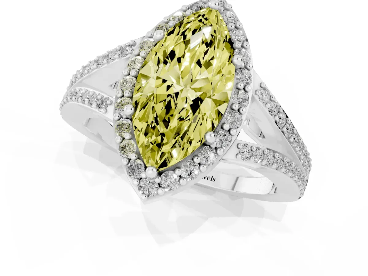 Fancy Yellow Marquise Cut Halo Split Shank Pave Diamond Ring with Four-Prong Setting Silver