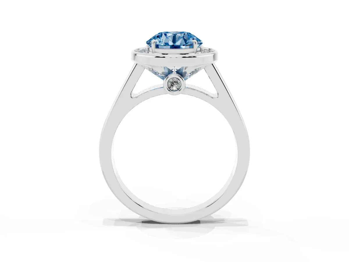 Fancy Blue Round Cut Halo Solitaire Diamond Ring with Pave Band and Bezel Setting Silver