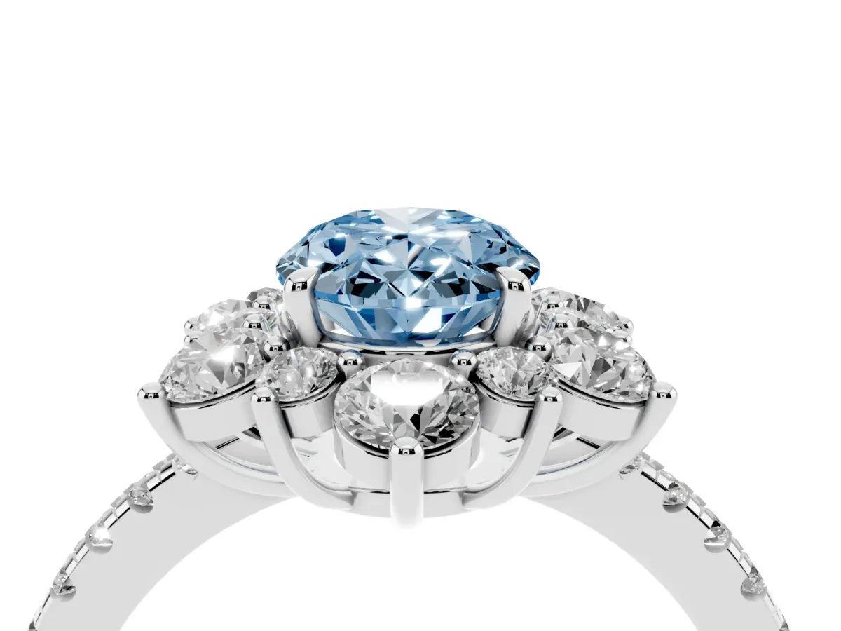 Fancy Blue Oval Cut Diamond Floral Halo Ring with Round Pavé Band and Prong Setting White gold