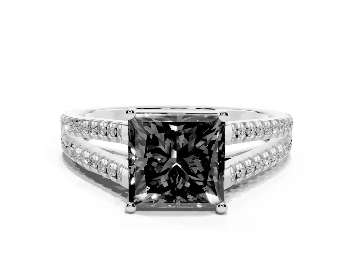 Fancy Black Princess Cut Diamond Solitaire Engagement Ring with Split Shank Pavé Band Silver