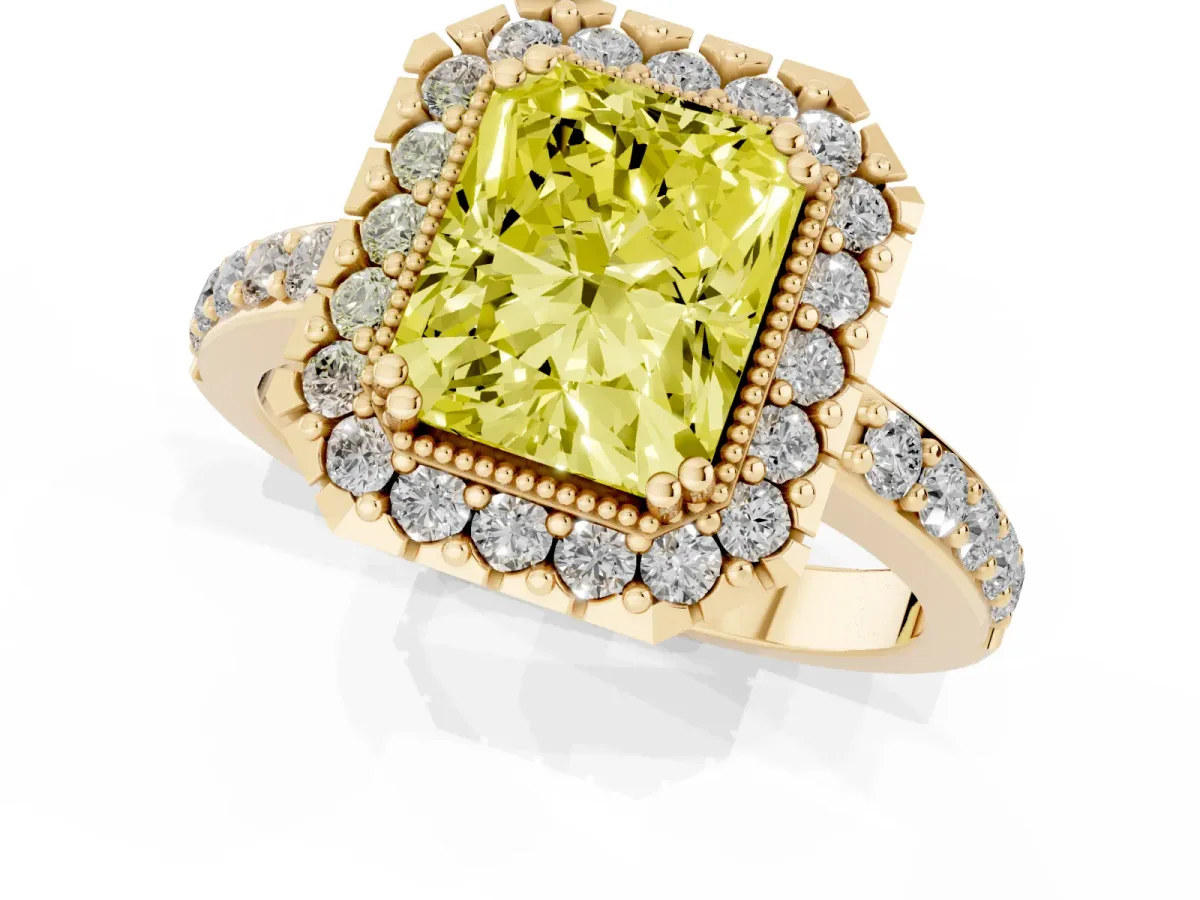 Fancy Yellow Radiant Cut Diamond Halo Ring with Pavé Band and Prong Setting Yellow gold