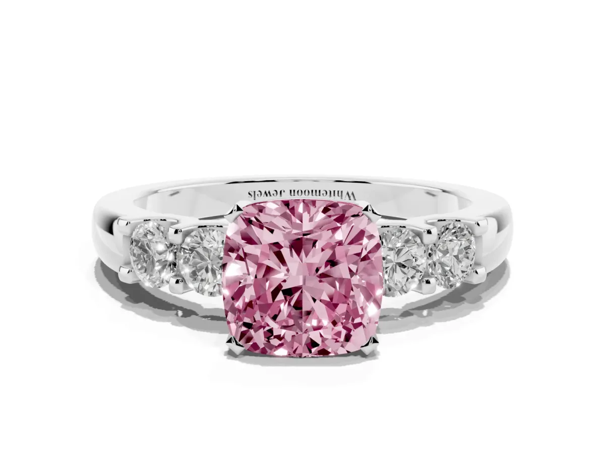 Fancy Pink Cushion Cut Brilliant Cut Diamond Five-Stone Prong Set Engagement Ring with Channel Band White gold