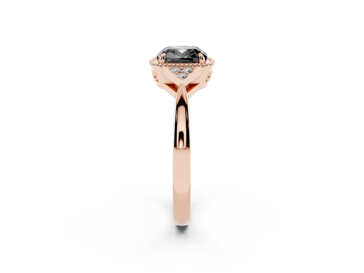 Fancy Black Hexagonal Halo Cushion Cut Diamond Solitaire with Pavé Band and Four-Prong Setting Rose gold