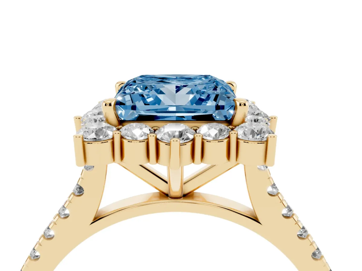 Fancy Blue Princess Cut Halo Diamond Ring with Pavé Band and Prong Setting Yellow gold