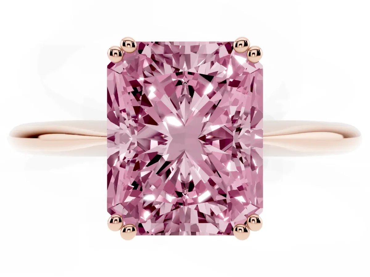 Fancy Pink Radiant Cut Solitaire Diamond Ring with Six-Prong Setting and Classic Band Rose gold