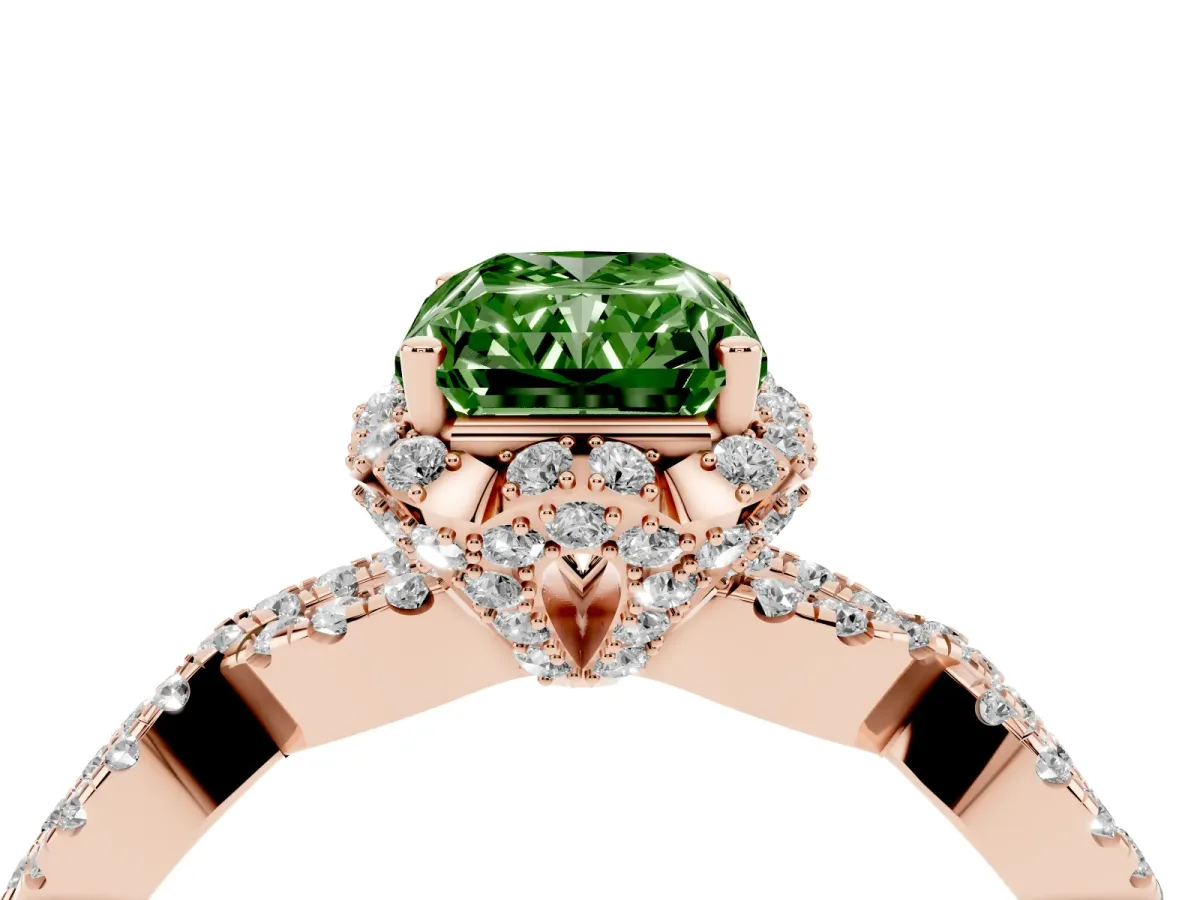 Fancy Green Radiant Cut Halo Twist Band Solitaire Ring with Six-Prong Setting Rose gold