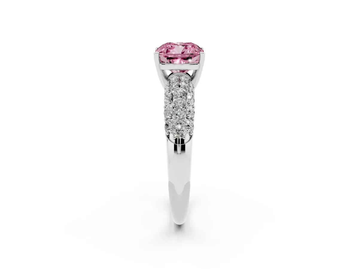 Fancy Pink Cushion Cut Diamond Pavé Band Solitaire Ring with Four-Prong Setting Silver