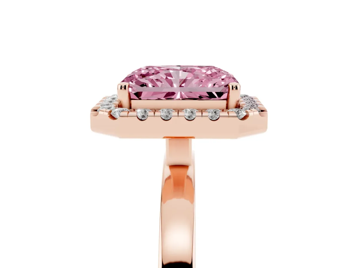 Fancy Pink Radiant Cut Halo Diamond Solitaire with Pavé Band and Four-Prong Setting Rose gold