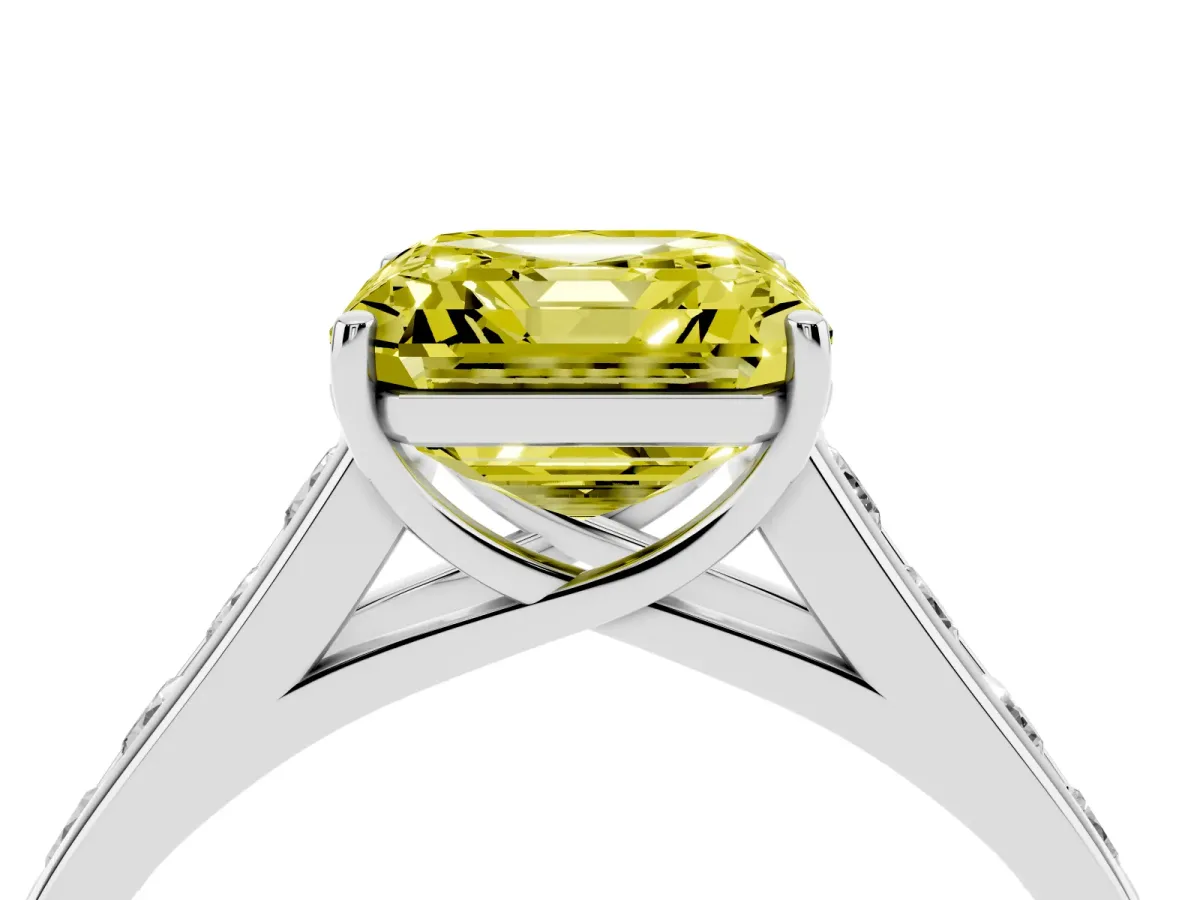 Fancy Yellow Asscher Cut Brilliant Channel-Set Solitaire Ring with Four-Prong Setting Silver