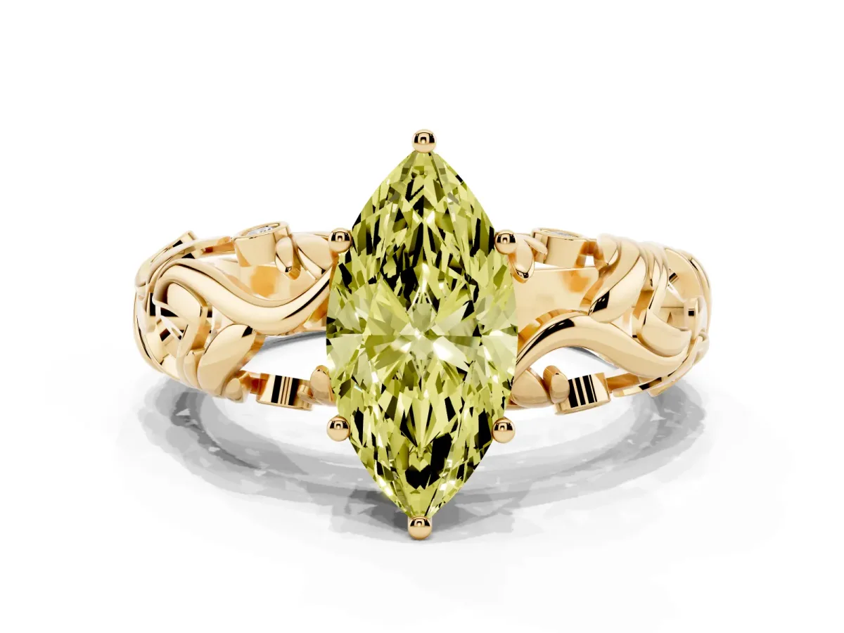 Fancy Yellow Marquise Cut Solitaire Diamond Leaf-Inspired Vine Band Ring with Prong Setting Yellow gold