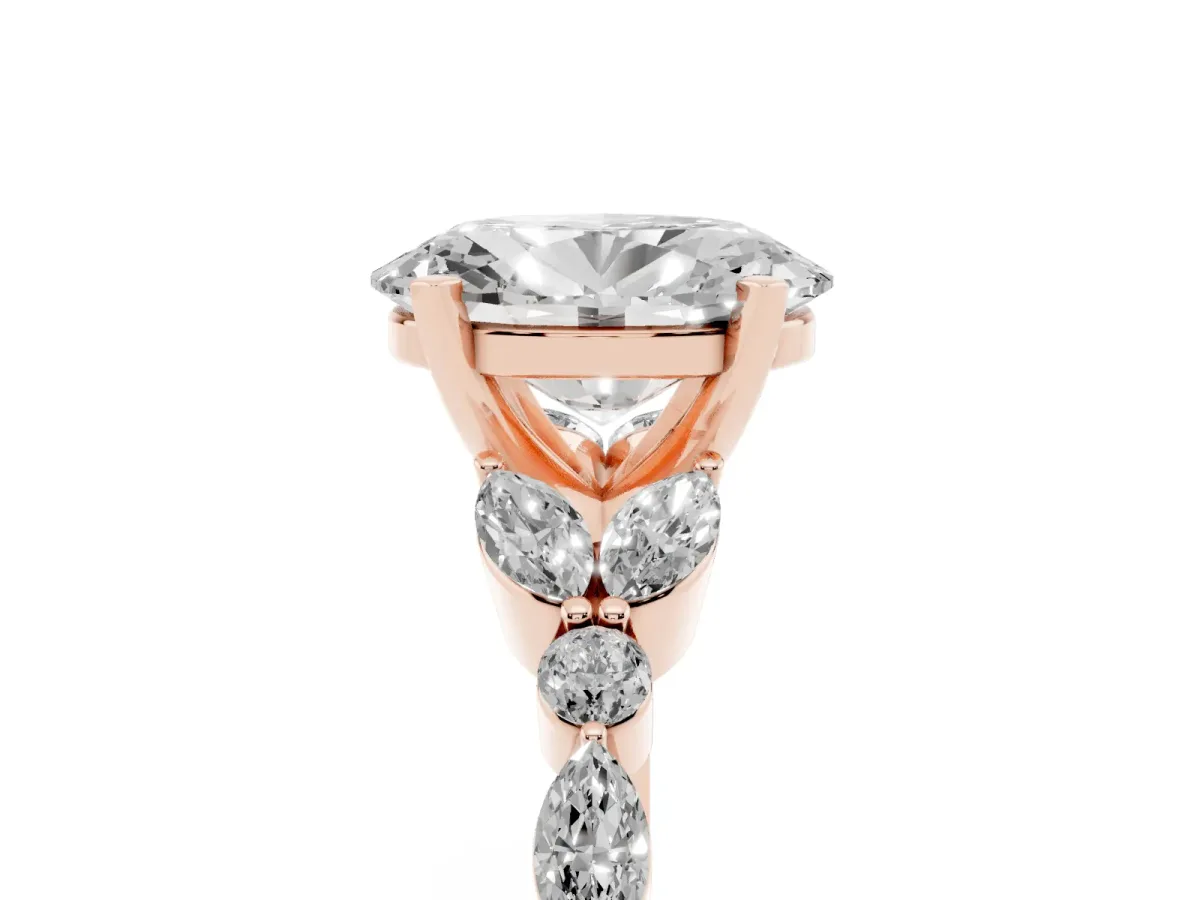 Oval Cut Diamond Solitaire Ring with Side Stones and Four-Prong Setting Rose gold