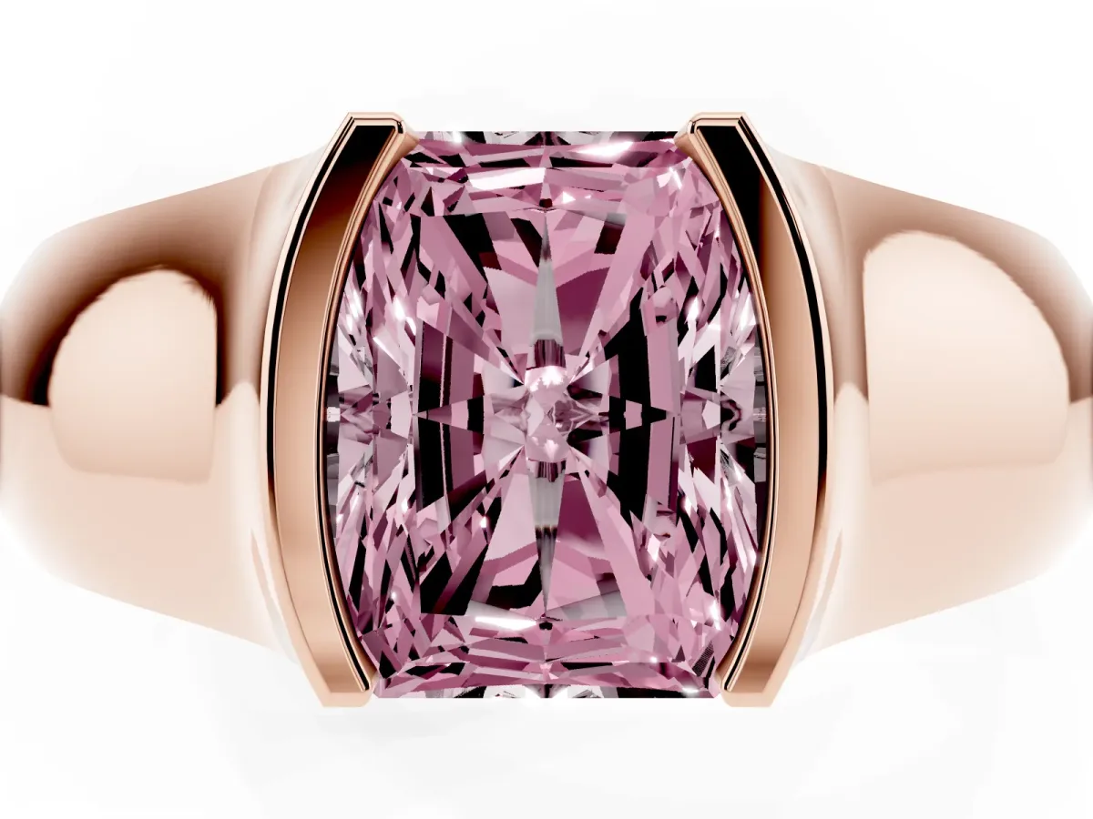 Fancy Pink Radiant Cut Solitaire Bezel Set Diamond Ring with Wide Band Rose gold