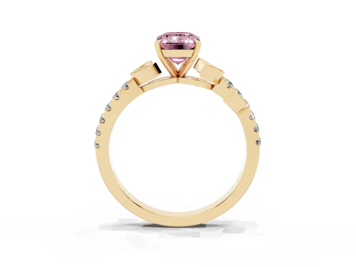 Fancy Pink Emerald Cut Solitaire Leaf-Inspired Diamond Ring with Pavé Band and Four-Prong Setting Yellow gold