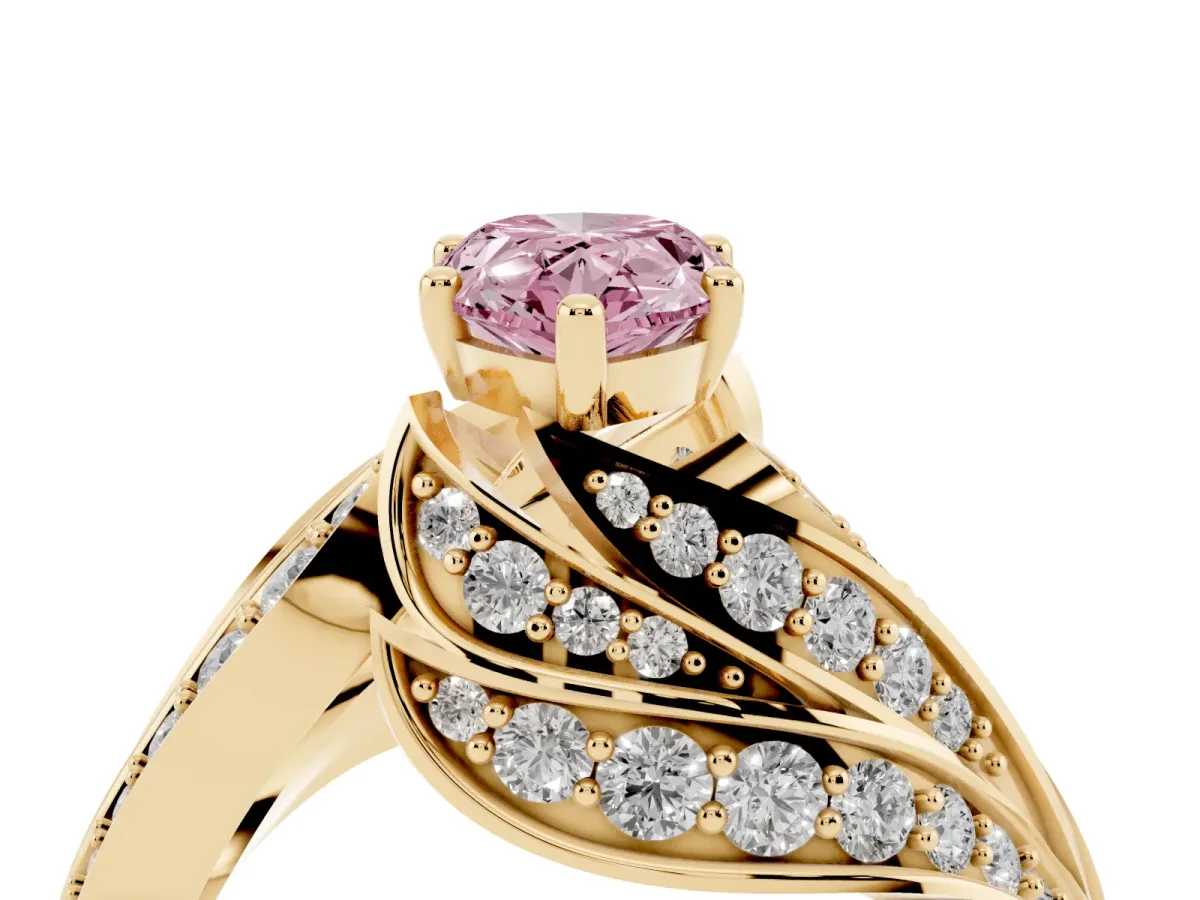 Fancy Pink Pear Cut Diamond Solitaire Ring with Prong Setting and Twisted Pavé Band Yellow gold