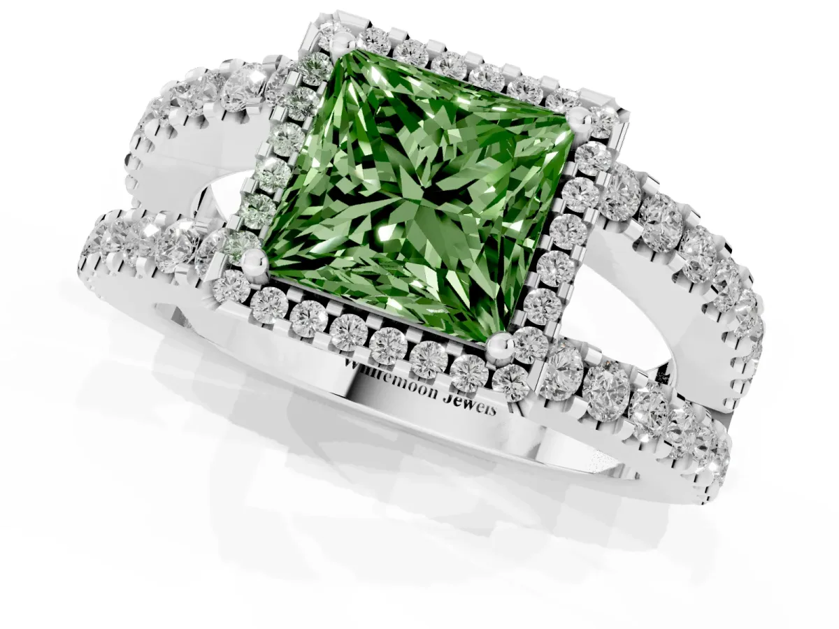 Fancy Green Princess Cut Cut Halo Split Shank Diamond Ring with Four-Prong Setting Platinum