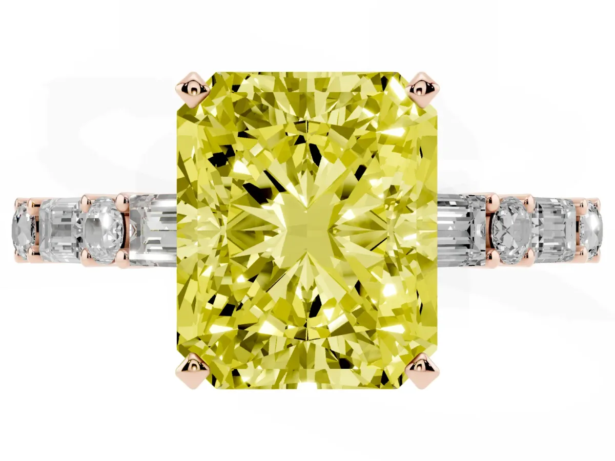Fancy Yellow Radiant Cut Diamond Solitaire with Side Baguettes and Channel Set Band Rose gold
