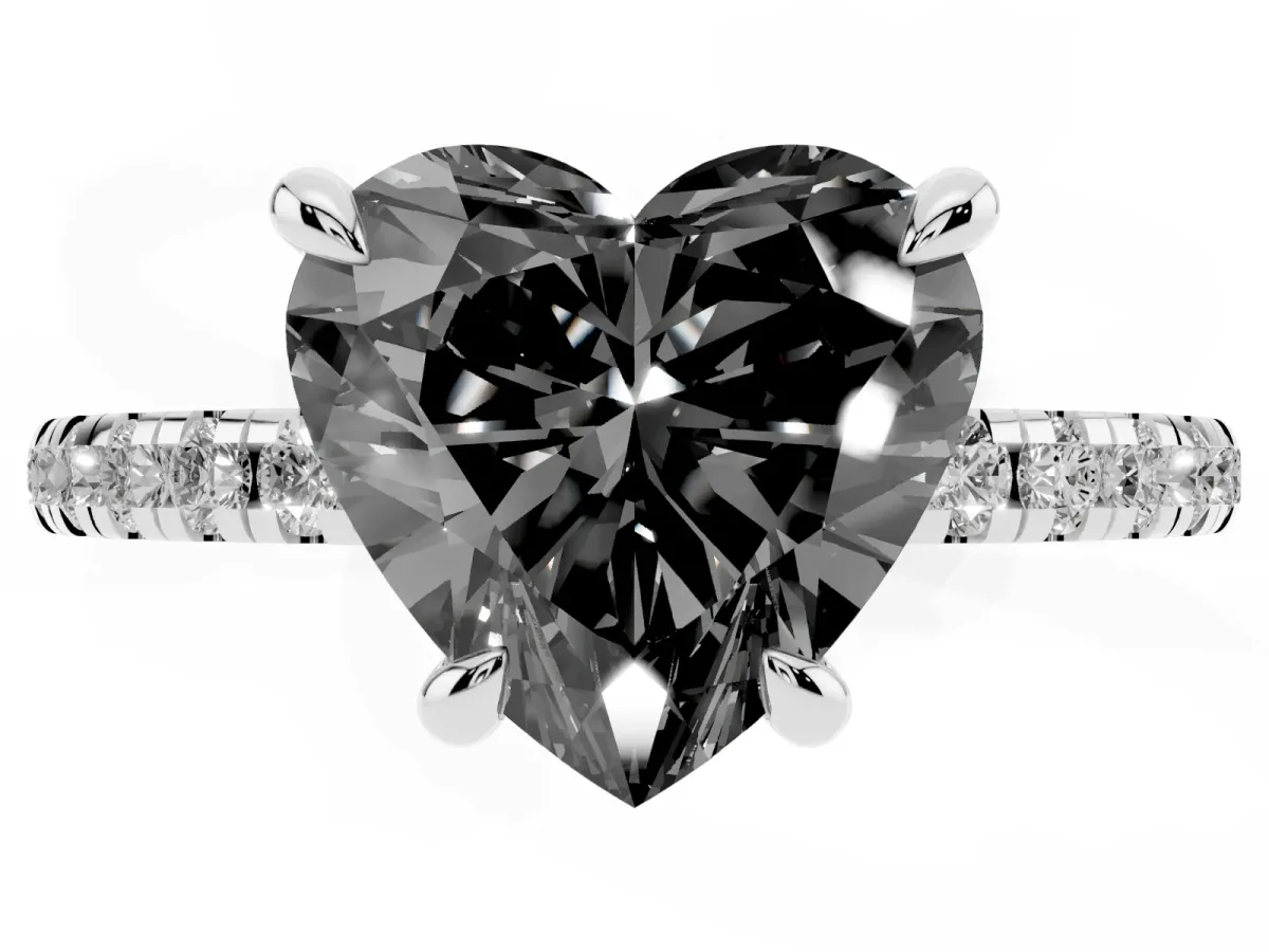 Fancy Black Heart Cut Diamond Brilliant Solitaire Ring with Pavé Band and Four-Prong Setting Silver