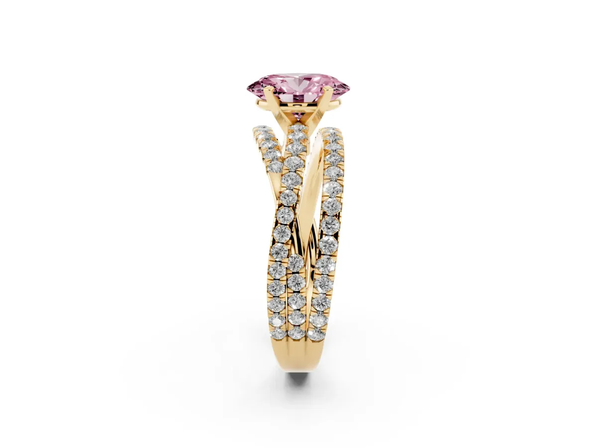 Fancy Pink Oval Cut Solitaire Twist Band with Pavé Setting and Four-Prong Setting Yellow gold