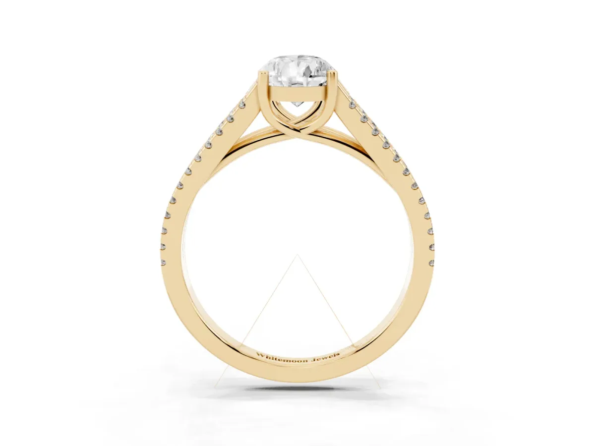 Pear Cut Diamond Solitaire Engagement Ring with Split Shank Pavé Band Yellow gold