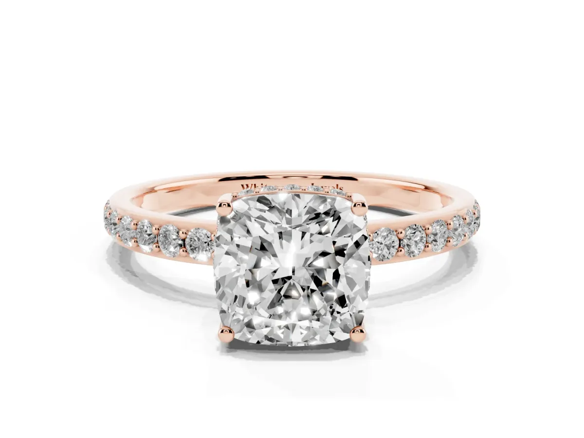 Cushion Cut Diamond Solitaire Ring with Pavé Band and Hidden Halo Rose gold
