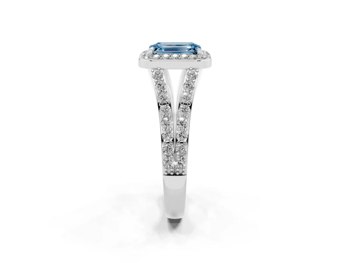 Fancy Blue Emerald Cut Diamond Split Shank Halo Ring with Four-Prong Setting Silver