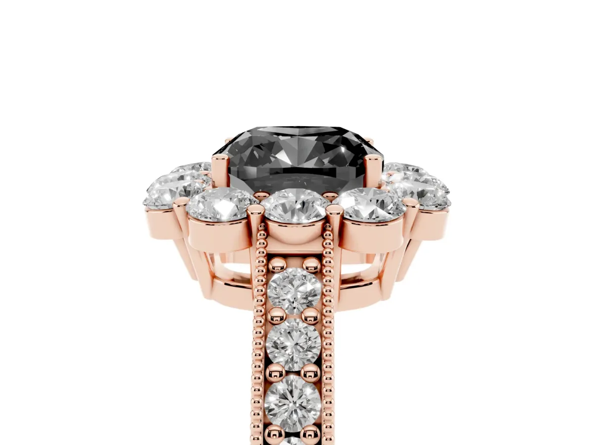 Fancy Black Cushion Cut Cut Halo Diamond Pavé Engagement Ring with Milgrain Detailing Rose gold
