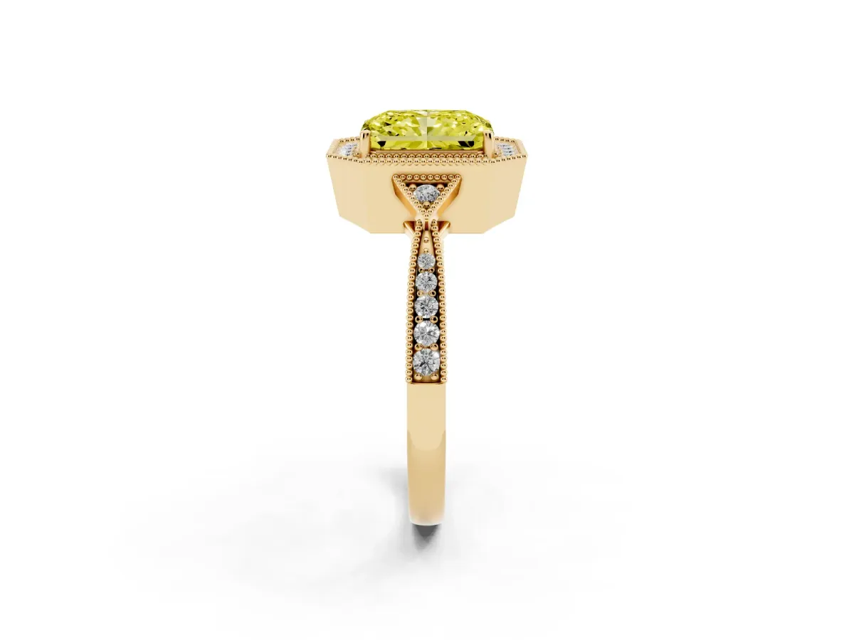 Fancy Yellow Radiant Cut Halo Round Diamond Milgrain Pave Engagement Ring Yellow gold