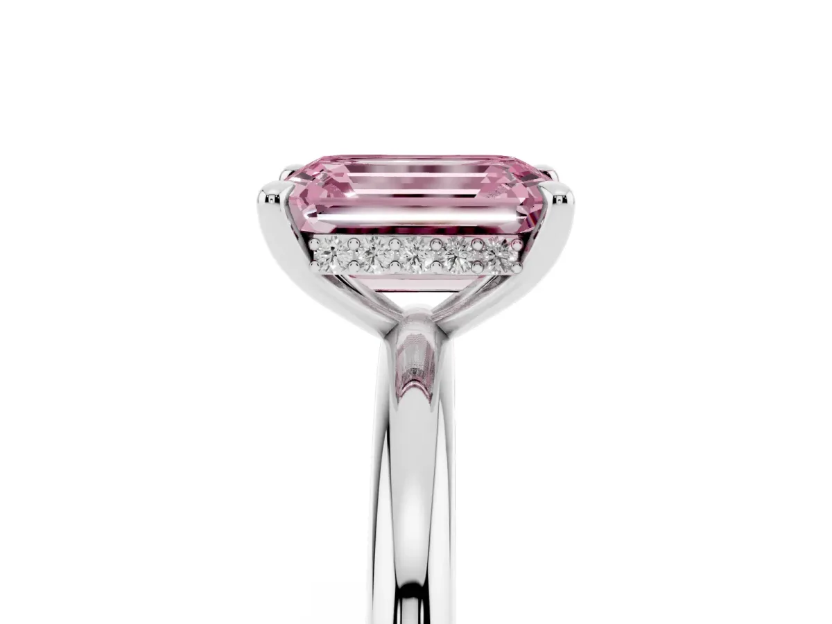 Fancy Pink Emerald Cut Diamond Solitaire Ring with Thin Band and Four-Prong Setting Platinum