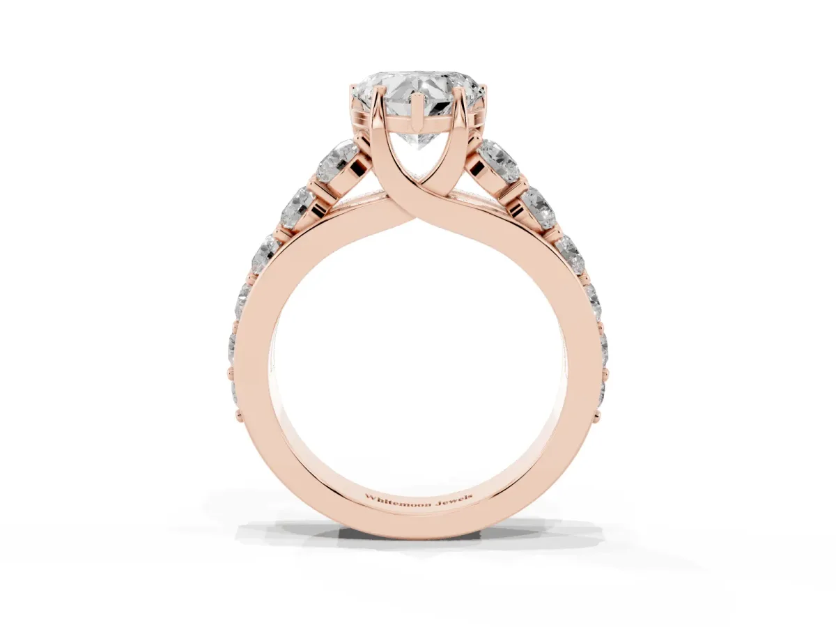 Heart Cut Diamond Engagement Ring with Pavé Band and Four-Prong Setting Rose gold