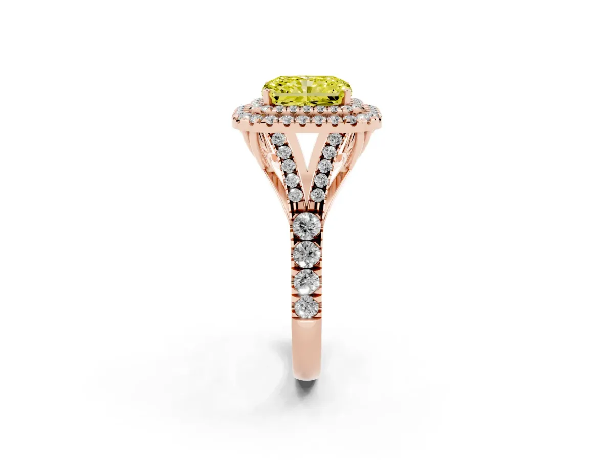 Fancy Yellow Radiant Cut Diamond Double Halo Ring with Split Shank and Prong Setting Rose gold