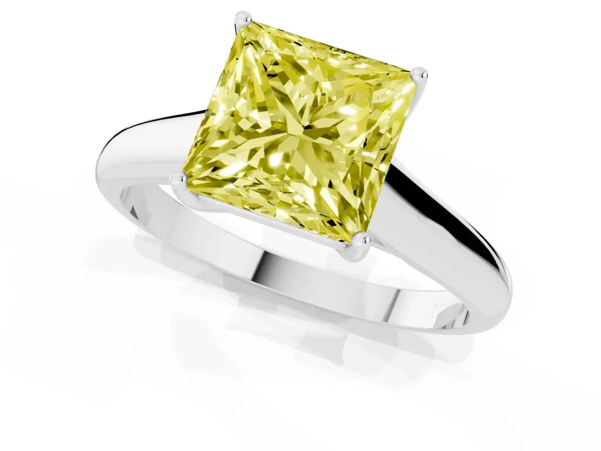 Fancy Yellow Princess Cut Solitaire Engagement Ring with Tapered Band and Four-Prong Setting Silver