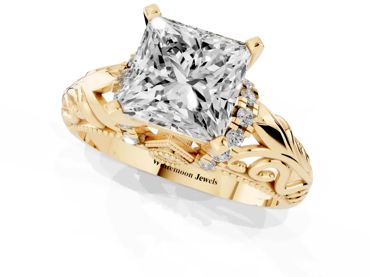 Princess Cut Solitaire Filigree Engagement Ring with Halo and Prong Setting Yellow gold