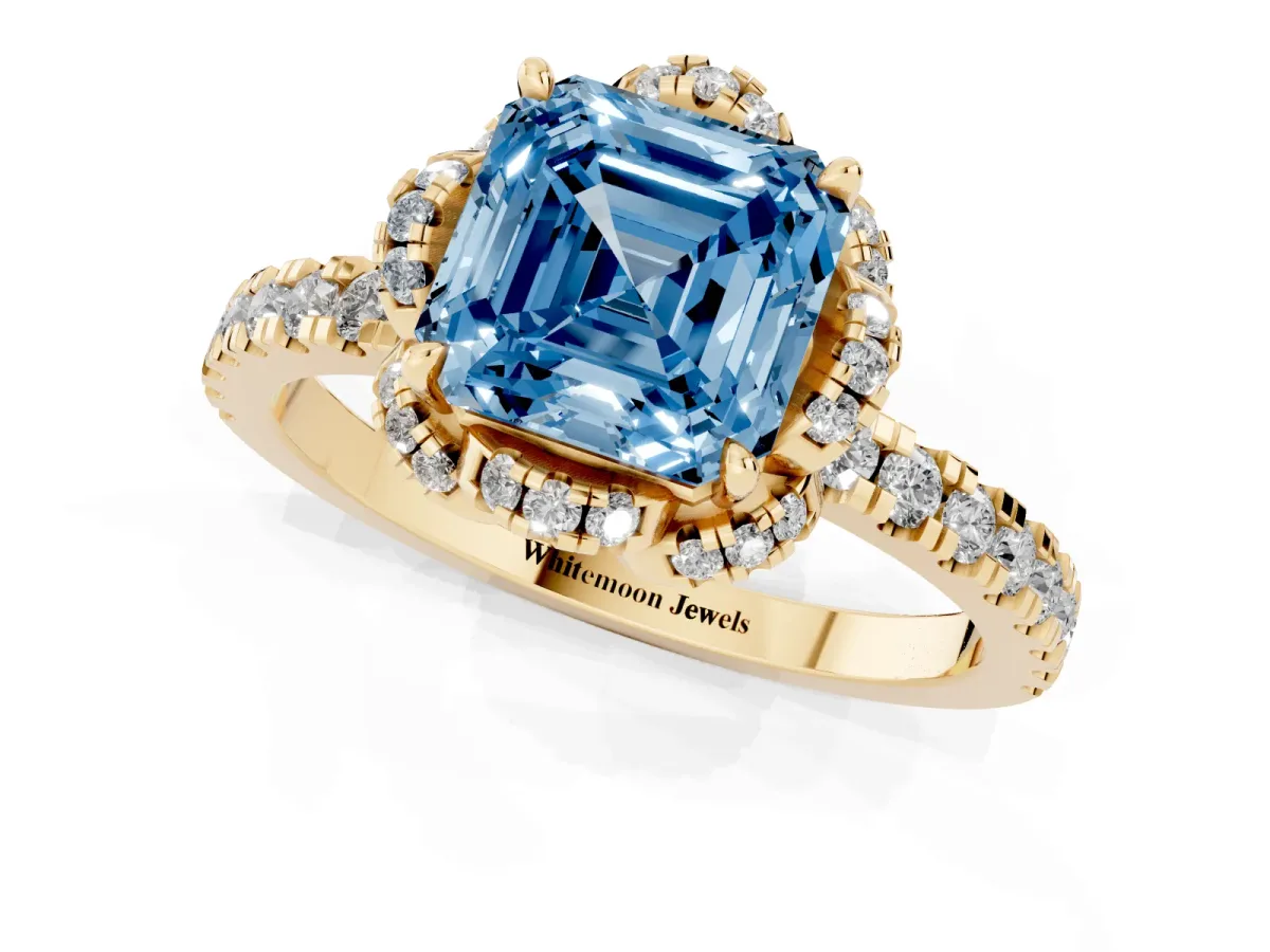 Fancy Blue Asscher Cut Diamond Halo Pave Band with Four-Prong Setting Yellow gold