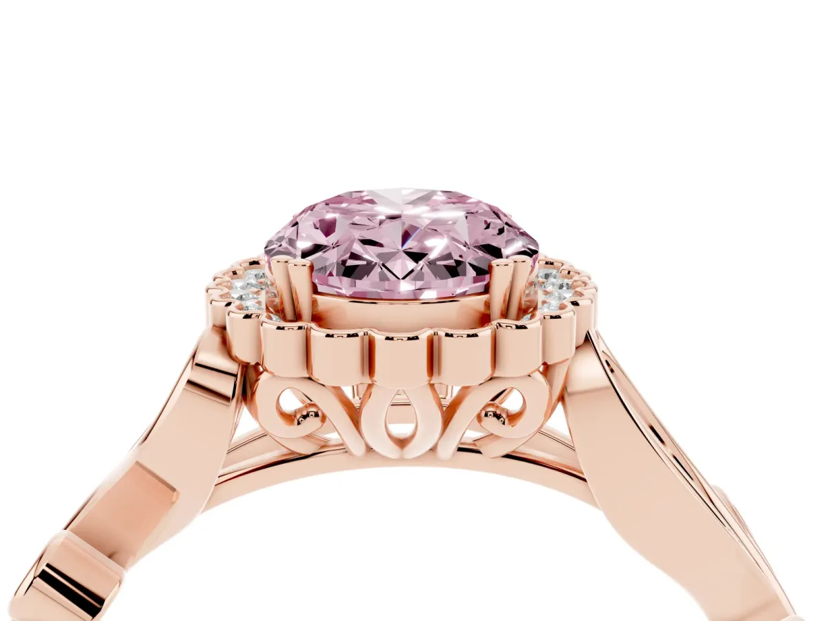 Fancy Pink Oval Cut Diamond Halo Ring with Vintage Split Shank and Four-Prong Setting Rose gold